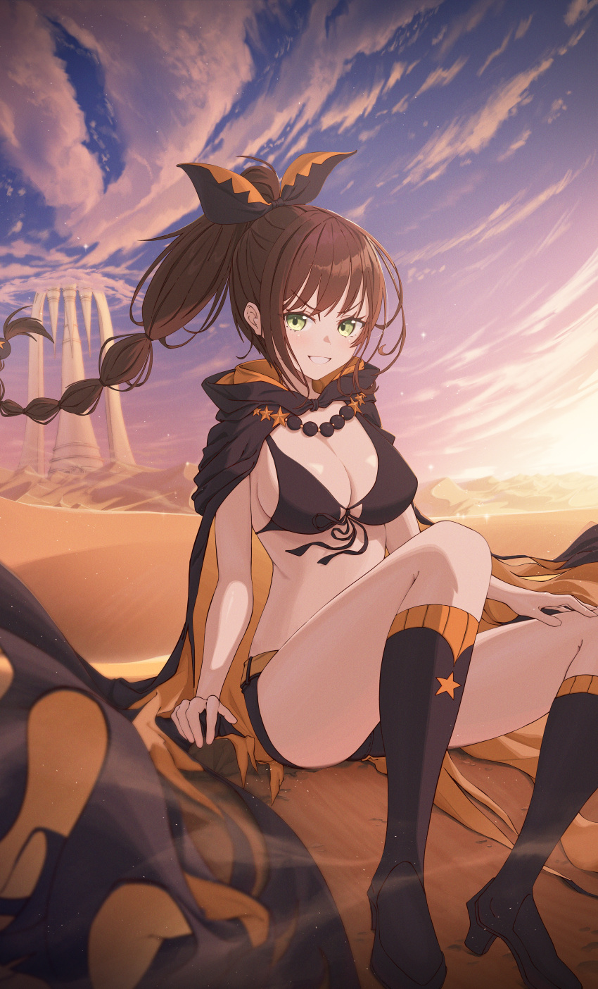 absurdres bikini bikini_top_only black_bikini black_ribbon blue_sky blush boots breasts brown_hair cape cleavage cloud commission desert female green_eyes hair_ribbon high_heel_boots high_heels highres knee_boots large_breasts long_hair looking_at_viewer multi-tied_hair pixiv_commission ponytail re:zero_kara_hajimeru_isekai_seikatsu ribbon shaula_(re:zero) shorts sky smile solo swimsuit thighs v-shaped_eyebrows yozora_(1wkdgusdn)