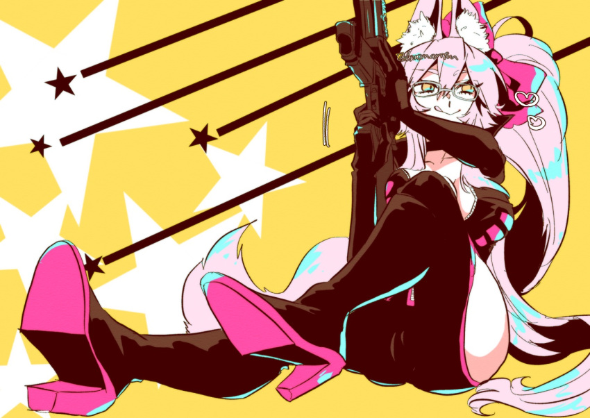 animal_ear_fluff animal_ears bangs black_bodysuit blush bodysuit bow breasts center_opening choker fate/grand_order fate_(series) female fox_ears fox_girl fox_tail glasses gun hair_between_eyes hairbow high_heels hip_vent koyanskaya_(fate) large_breasts legs licking_lips long_hair looking_at_viewer looking_to_the_side pink_bow pink_hair ponytail rifle shiromantou sidelocks sitting smile sniper_rifle solo starry_background tail tamamo_(fate) tongue tongue_out weapon yellow_background yellow_eyes