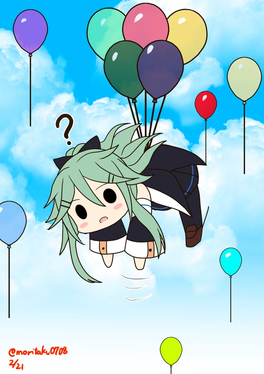 ? balloon bare_shoulders black_eyes black_ribbon black_serafuku black_skirt black_thighhighs chibi commentary_request dated detached_sleeves female floating flying green_hair hair_between_eyes hair_flaps hair_ornament hair_ribbon hairclip hanging happy_birthday highres kantai_collection long_hair looking_at_viewer mary_janes midair moritaku0708 parted_bangs pleated_skirt ponytail ribbon school_uniform serafuku shoes sidelocks skirt solo spoken_question_mark thighhighs wide_shot yamakaze_(kancolle)