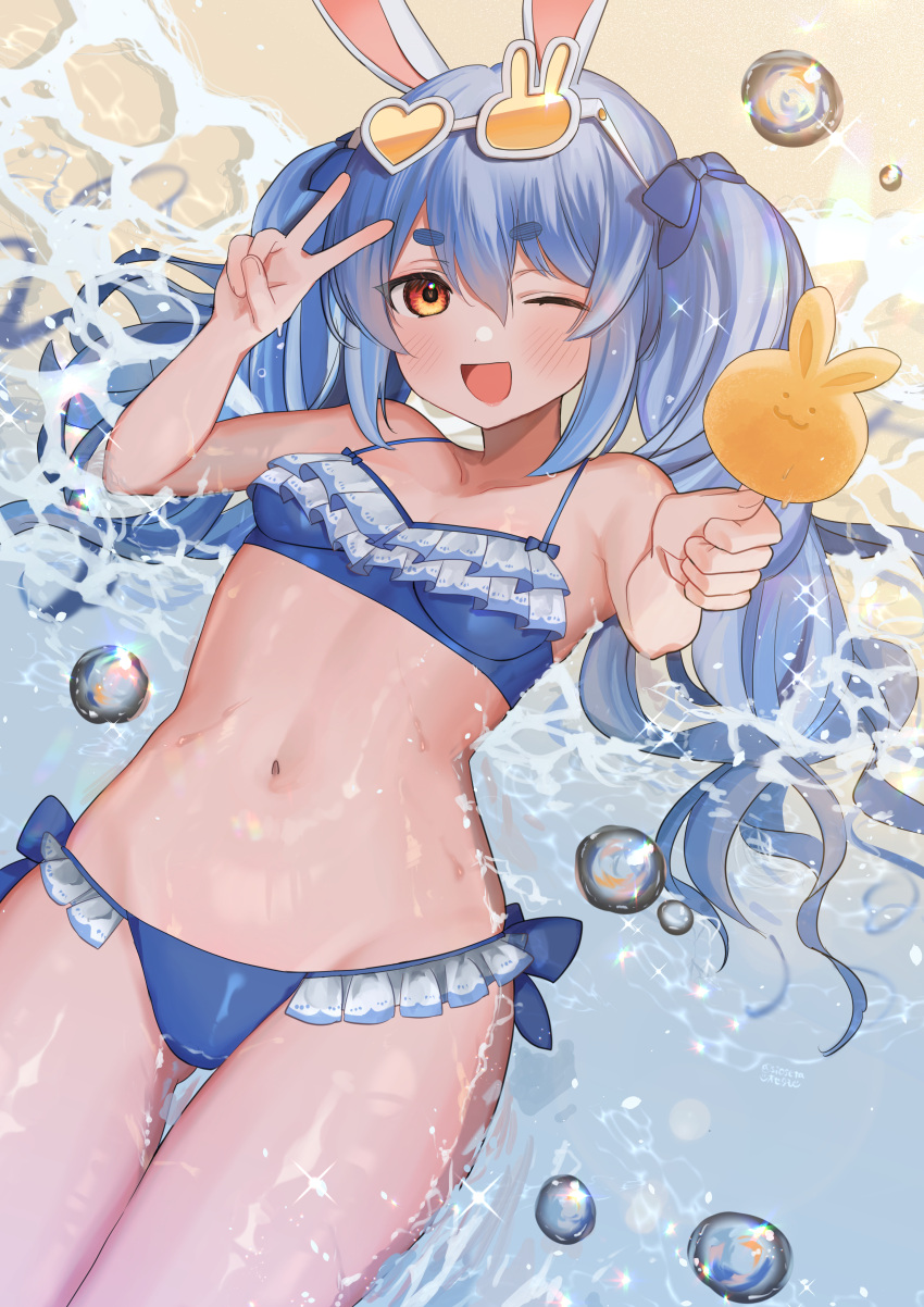 absurdres alternate_costume animal_ears beach bikini blue_bikini blue_hair blue_ribbon blush breasts commentary_request eyewear_on_head female frilled_bikini frills hair_ribbon hands_up highres holding hololive long_hair looking_at_viewer lying mixed-language_commentary navel ocean on_back one_eye_closed open_mouth partially_submerged rabbit-shaped_eyewear rabbit_ears red_eyes ribbon siose_tamotsu small_breasts smile solo sunglasses swimsuit thick_eyebrows twintails usada_pekora v virtual_youtuber