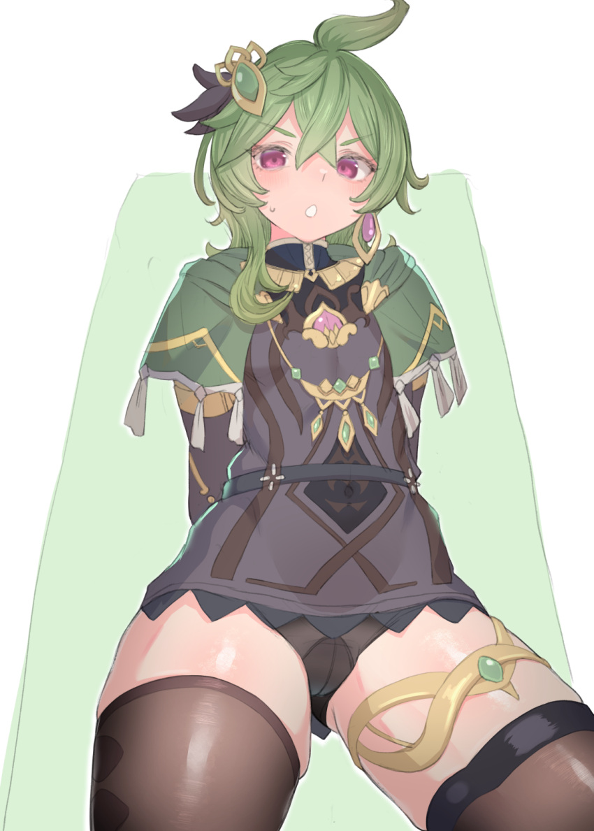 ahoge argyle_clothes argyle_legwear arms_behind_back bad_id bad_pixiv_id belt black_belt black_dress breasts brown_thighhighs capelet collei_(genshin_impact) crossed_arms crossed_bangs dress earrings female gem genshin_impact green_capelet green_gemstone green_hair hair_flaps hair_ornament highres jewelry long_hair long_sleeves makabe_gorou medium_breasts medium_hair open_mouth pink_gemstone purple_eyes short_hair simple_background single_earring sleeveless sleeveless_dress solo thigh_belt thigh_strap thighhighs thighlet thighs