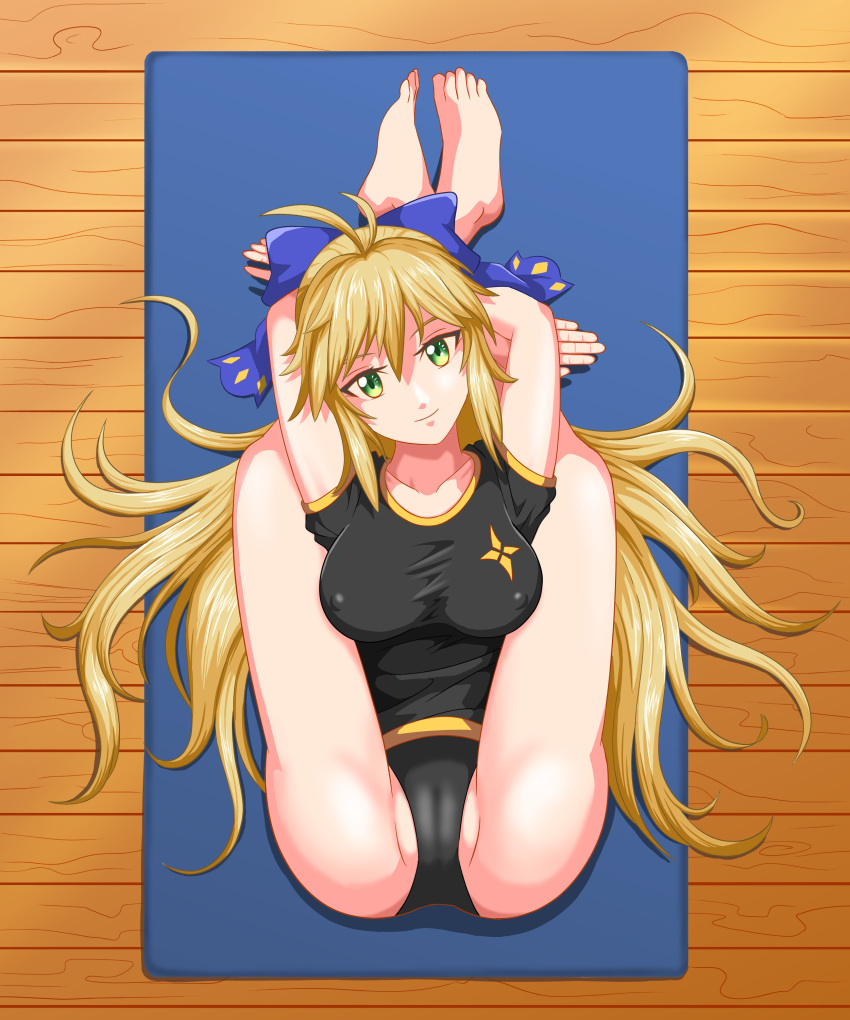 absurdres ahoge arms_up artoria_caster_(fate) artoria_caster_(third_ascension)_(fate) artoria_pendragon_(fate) ass barefoot black_buruma blonde_hair blue_bow bow breasts buruma cleavage closed_mouth commission commissioner_upload fate/grand_order fate_(series) feet female flexible folded gym_uniform heksaddict highres legs legs_behind_head pretzel_pose second-party_source solo toes