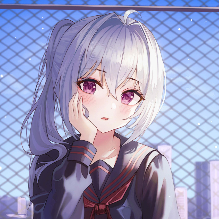 ahoge bad_id bad_twitter_id blue_shirt blush building chain-link_fence female fence hair_between_eyes hand_on_own_cheek hand_on_own_face highres ine_(vtuber) light_particles long_hair looking_at_viewer open_mouth outdoors pink_eyes poise ponytail red_stripes school_uniform shirt sky virtual_youtuber waktaverse white_hair