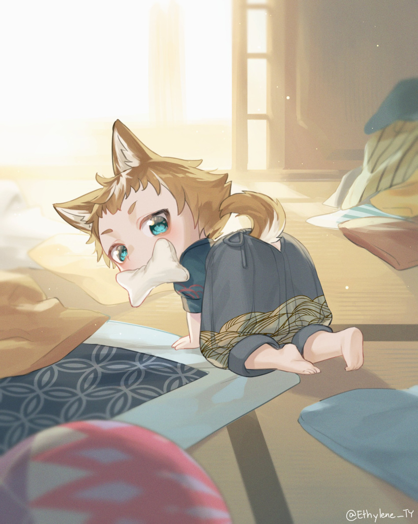 1boy age_regression aged_down animal_ears aqua_eyes ass bloom dog_boy dog_ears dog_tail ethylene_ty genshin_impact gorou_(genshin_impact) highres indoors looking_at_viewer looking_back male_focus multicolored_hair orange_hair pillow sliding_doors solo streaked_hair stuffed_toy tail tatami white_hair