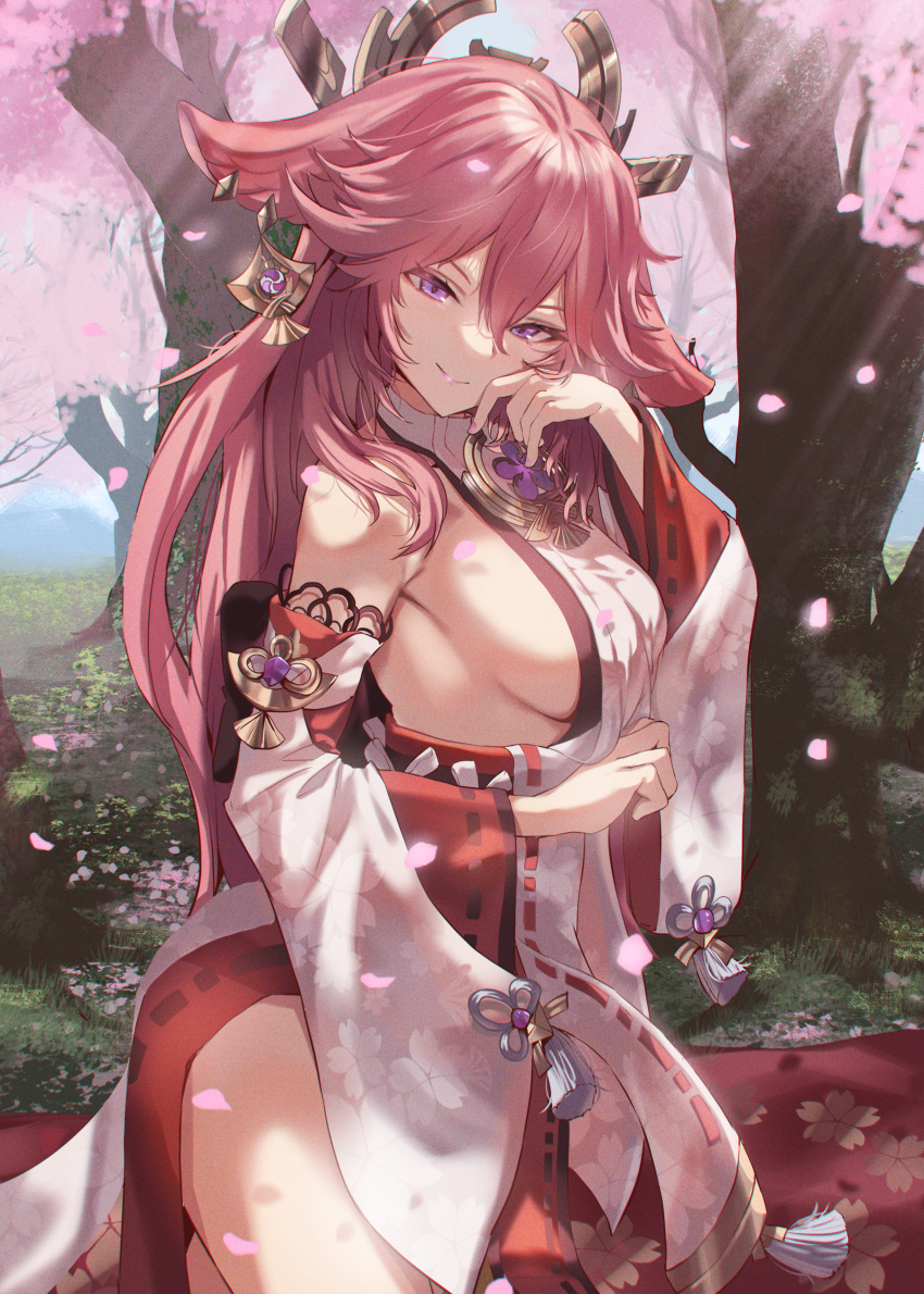 absurdres bare_shoulders breasts cherry_blossoms commentary female genshin_impact grass hair_between_eyes hair_ornament highres japanese_clothes long_hair long_sleeves looking_at_viewer medium_breasts nail_polish nature outdoors petals pink_hair pink_nails purple_eyes shuru_y sideboob sleeveless smile solo tree wide_sleeves yae_miko