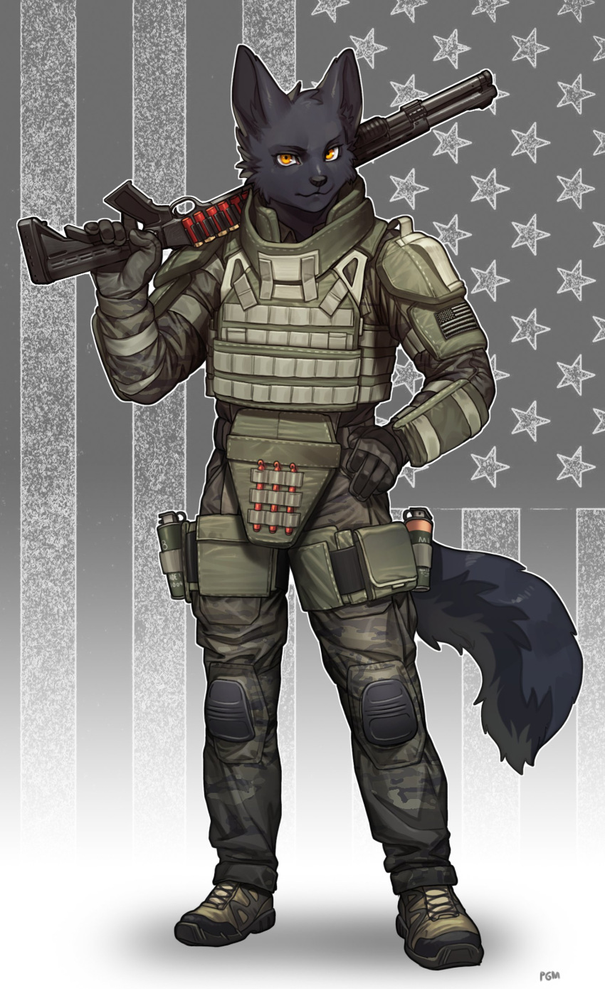 2022 absurd_res amber_eyes american_flag anthro benelli_m4 black_body black_fur boots bulletproof_vest camo camo_print canid canine clothed clothing digital_media_(artwork) explosives footwear fully_clothed fur gloves grenade gun hand_on_hip handwear hi_res holding_gun holding_object holding_ranged_weapon holding_weapon inner_ear_fluff knee_pads looking_at_viewer m1014 male mammal pgm300 plantigrade ranged_weapon shaded shotgun shoulder_pads solo tuft united_states_of_america weapon