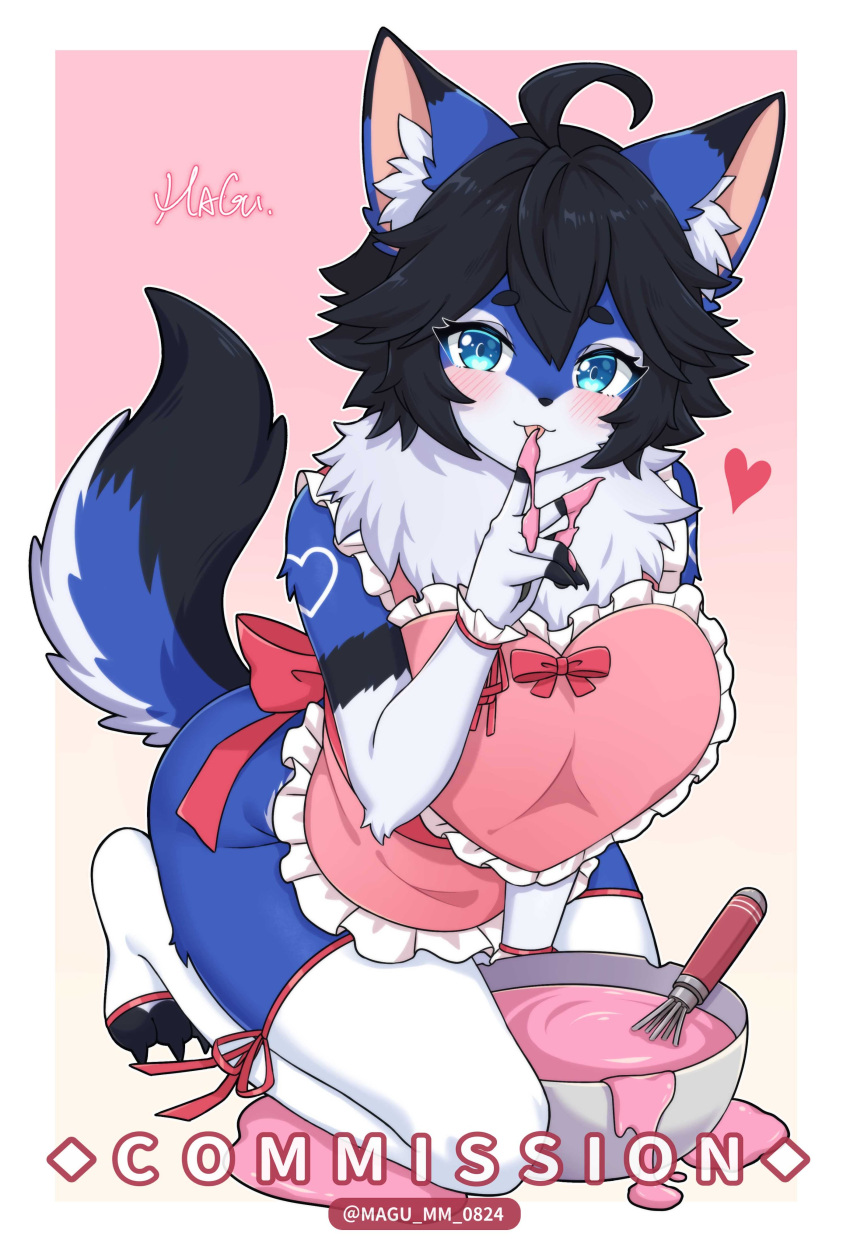 absurdres ahoge animal_ears apron aqua_eyes black_hair blue_fur bow bowl commission female fox_ears fox_girl fox_tail frilled_apron frills fur_trim furry furry_female heart highres maid mo_(k40633) multicolored_tail naked_apron original pink_apron pink_bow short_hair solo strawberry_milk tail twitter_username whisk