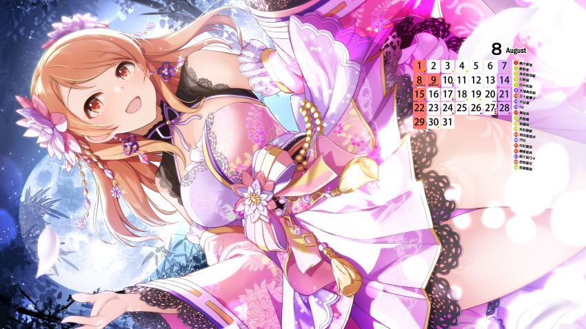 absurdres august bare_shoulders brown_eyes brown_hair calendar_(medium) dutch_angle earrings female flower full_moon hair_flower hair_ornament highres hojo_karen idolmaster idolmaster_cinderella_girls jewelry kimono_dress long_hair mk_(mod0) moon night obi open_mouth outdoors ribbon-trimmed_sleeves ribbon_trim sash solo thighs wide_sleeves