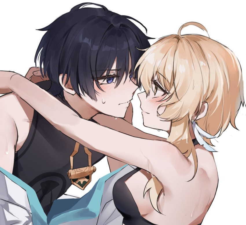 1boy bare_shoulders black_hair blonde_hair blue_eyes blush breasts closed_mouth eye_contact female genshin_impact hair_between_eyes highres japanese_clothes looking_at_another lumine_(genshin_impact) medium_breasts ming4 scaramouche_(genshin_impact) short_hair_with_long_locks simple_background sleeveless straight sweat upper_body wanderer_(genshin_impact) white_background