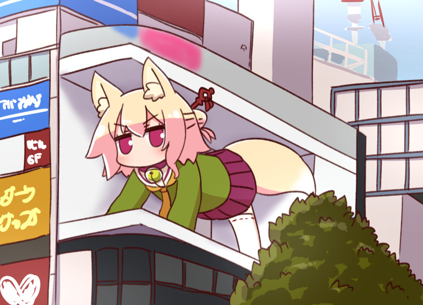 all_fours animal_ear_fluff animal_ears bell blonde_hair brown_collar building collar commentary_request crane_(machine) female flat_chest fox_ears fox_girl fox_tail green_shirt hair_between_eyes hair_bun hair_ornament highres jingle_bell jitome kemomimi-chan_(naga_u) long_sleeves meme naga_u neck_bell necktie orange_necktie original outdoors pleated_skirt purple_eyes purple_skirt real_world_location revision ribbon-trimmed_thighhighs ribbon_trim shinjuku_(tokyo) shinjuku_cat shirt single_hair_bun skirt sleeves_past_fingers sleeves_past_wrists solo tail thighhighs tokyo_(city) v-shaped_eyebrows white_thighhighs