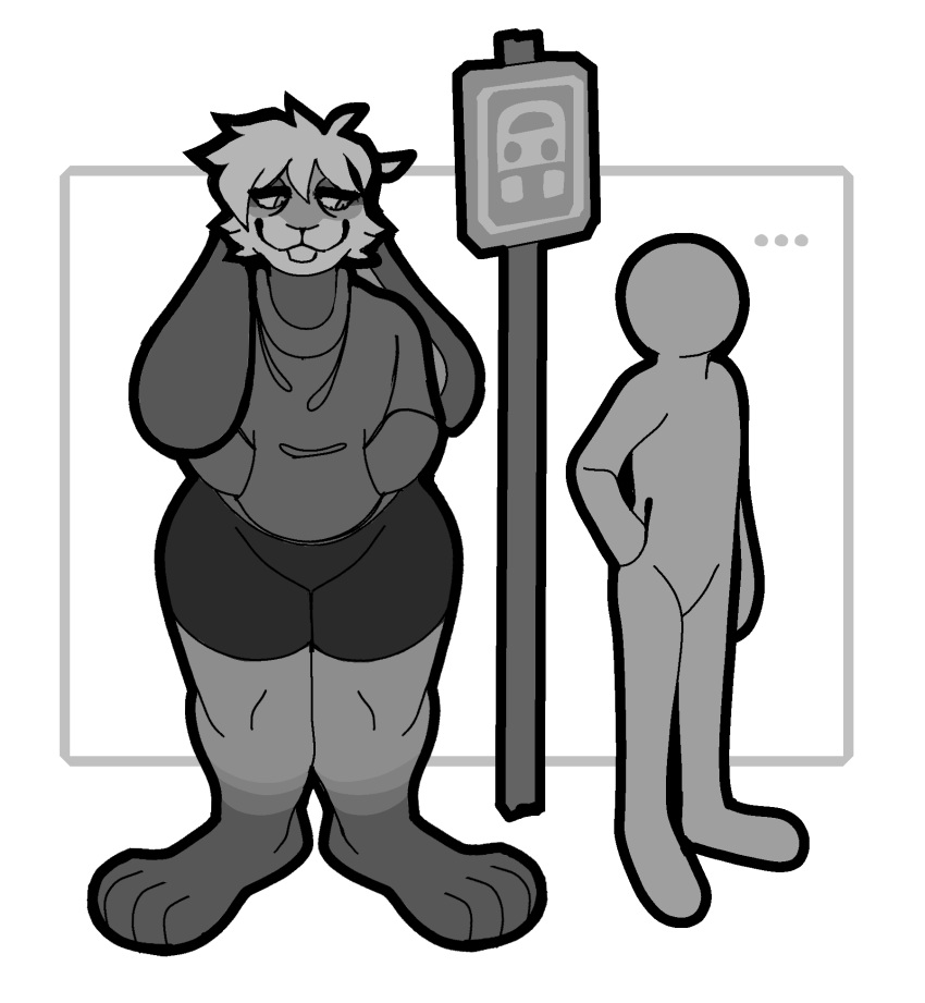 ambiguous_gender anthro big_feet bottomwear buckteeth bus_stop bus_stop_sign clothing duo ellipsis feet floppy_ears hand_in_pocket hi_res human hypnofood lagomorph leporid mammal monochrome planted_sign pockets rabbit shorts sign sign_graphic smile sweater teeth topwear