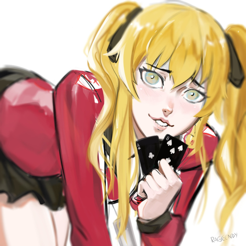 blonde_hair eyes gambler_club hair_ornament highres kakegurui looking_at_viewer saotome_meari smile uniform