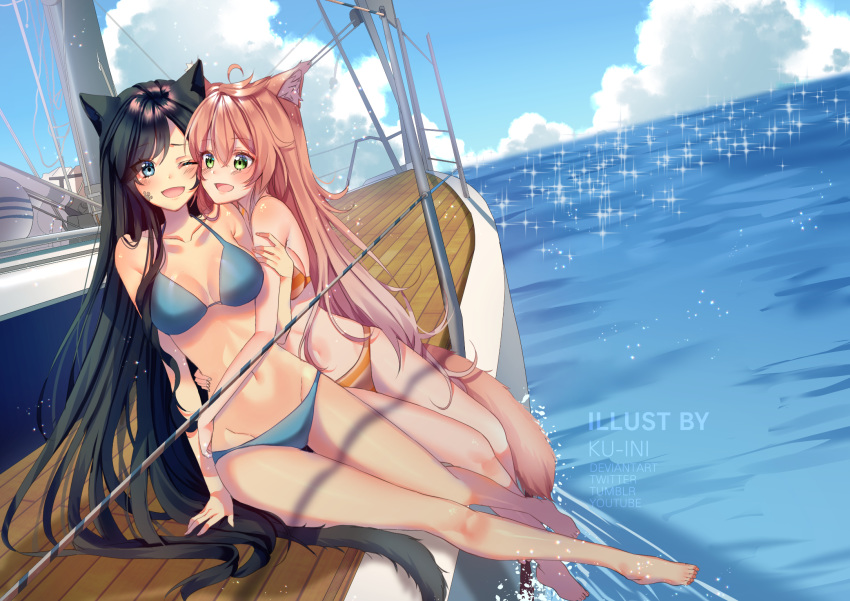 2girls :d ;d ahoge animal_ears artist_name barefoot bikini black_hair blue_bikini blue_eyes blush boat cat_ears cat_girl cat_tail cheek-to-cheek cloud collarbone commentary day green_eyes hair_between_eyes heads_together highres hug ku-ini long_hair long_legs looking_at_another multiple_girls navel ocean one_eye_closed open_mouth orange_bikini original outdoors pink_hair sitting smile swept_bangs swimsuit tail very_long_hair watercraft wooden_floor yacht