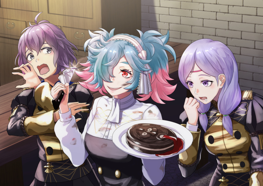 3girls alternate_costume bernadetta_von_varley cake commentary drooling fake_blood fire_emblem fire_emblem:_path_of_radiance fire_emblem:_three_houses fire_emblem_fates food garreg_mach_monastery_uniform headband highres ilyana_(fire_emblem) knife multiple_girls peri_(fire_emblem) sauce sukkirito_(rangusan) upper_body wavy_mouth