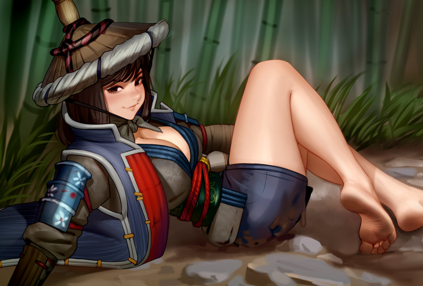 absurdres armor bamboo bamboo_forest barefoot blush breasts brown_eyes brown_hair cleavage commentary dirty dirty_clothes dirty_feet english_commentary feet female for_honor forest gourd hat highres japanese_armor kairunoburogu kote large_breasts legs legs_together light_smile lips looking_at_viewer medium_hair mud nature nobushi_(for_honor) obi on_ground red_rope rice_hat ronin rope rope_belt sash soles solo thighs toes