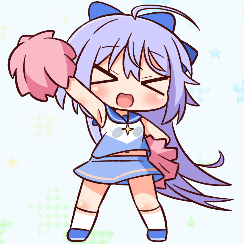 >_< :d absurdres ahoge blue_background blue_bow blue_footwear blue_hair blue_skirt blush bow breasts cheerleader chibi closed_eyes commentary_request facing_viewer female full_body hair_between_eyes hairbow hana_kazari highres holding kneehighs long_hair navel open_mouth outstretched_arm pom_pom_(cheerleading) princess_connect! shirt shoes skirt sleeveless sleeveless_shirt small_breasts smile socks solo standing starry_background tomo_(magical_girl)_(princess_connect!) tomo_(princess_connect!) very_long_hair white_shirt white_socks xd