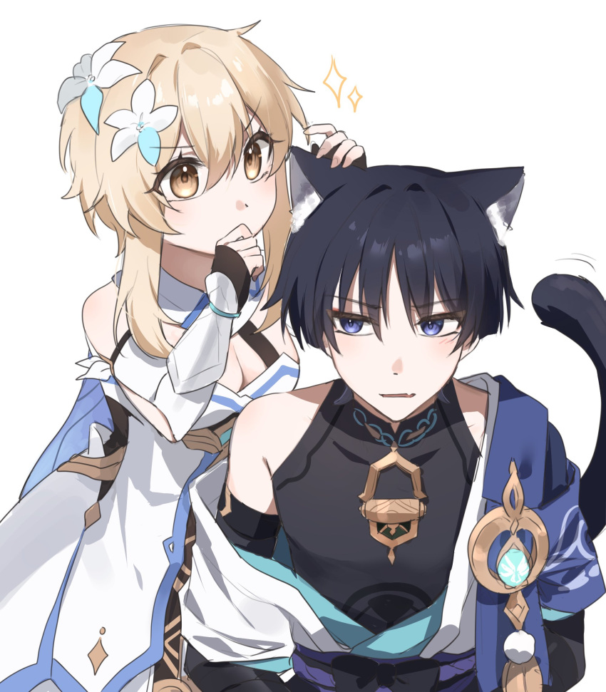 1boy animal_ear_fluff animal_ears black_hair blonde_hair blue_eyes blush breasts cat_boy cat_ears cat_tail detached_sleeves dress female flower genshin_impact gloves hair_between_eyes hair_flower hair_ornament highres japanese_clothes lumine_(genshin_impact) medium_breasts ming4 oerba_yun_fang open_mouth partially_fingerless_gloves scaramouche_(genshin_impact) short_hair_with_long_locks simple_background skin_fang sparkle tail vision_(genshin_impact) wanderer_(genshin_impact) white_background white_dress