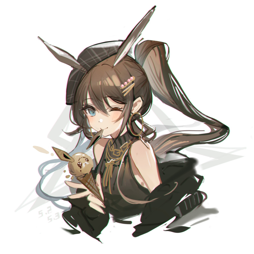 alternate_costume amiya_(arknights) animal_ears arknights bare_shoulders blue_eyes blush brown_hair commentary earrings extra_ears female food hair_ornament hairclip hat highres ice_cream ice_cream_cone jacket jewelry off_shoulder ponytail rabbit_ears solo symbol-only_commentary turtleneck wenquangua