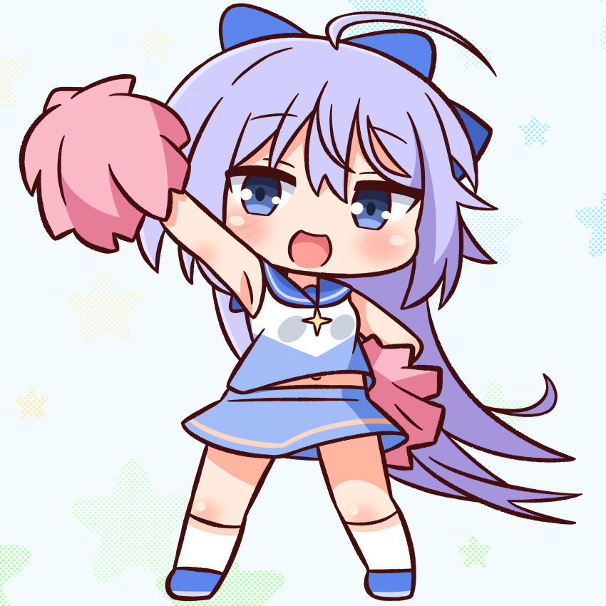 :d absurdres ahoge blue_background blue_bow blue_eyes blue_footwear blue_hair blue_skirt blush bow breasts cheerleader chibi commentary_request female full_body hair_between_eyes hairbow hana_kazari highres holding kneehighs long_hair looking_at_viewer navel open_mouth outstretched_arm pom_pom_(cheerleading) princess_connect! shirt shoes skirt sleeveless sleeveless_shirt small_breasts smile socks solo standing starry_background tomo_(magical_girl)_(princess_connect!) tomo_(princess_connect!) very_long_hair white_shirt white_socks