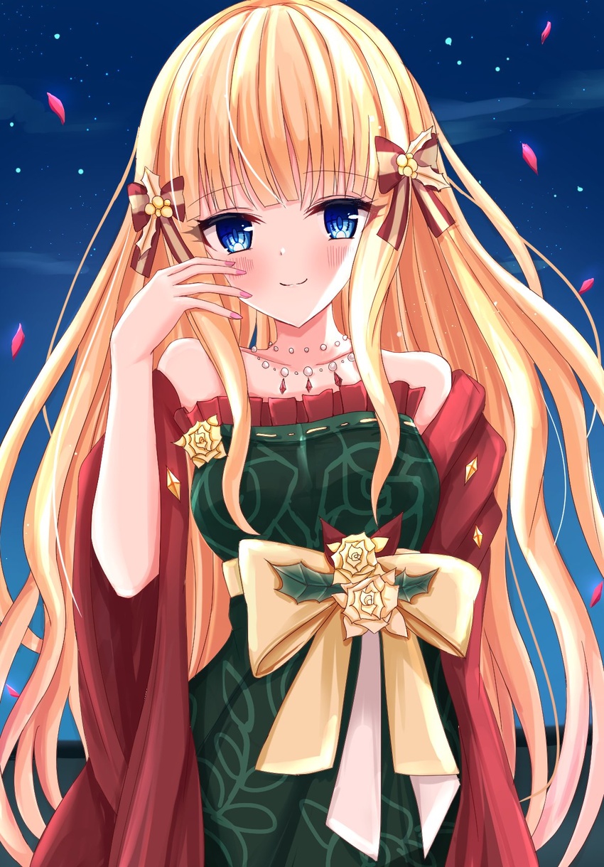 arm_behind_back bad_face blonde_hair blue_eyes blunt_bangs blush bow breasts closed_mouth collarbone dress elf falling_petals female floral_print flower flower_ornament frills hair_ornament hairbow hand_up highres imono_y jewelry large_breasts long_hair looking_at_viewer necklace night petals pointy_ears princess_connect! red_shawl ribbon_trim saren_(christmas)_(princess_connect!) saren_(princess_connect!) shawl smile solo strapless strapless_dress underbust upper_body very_long_hair