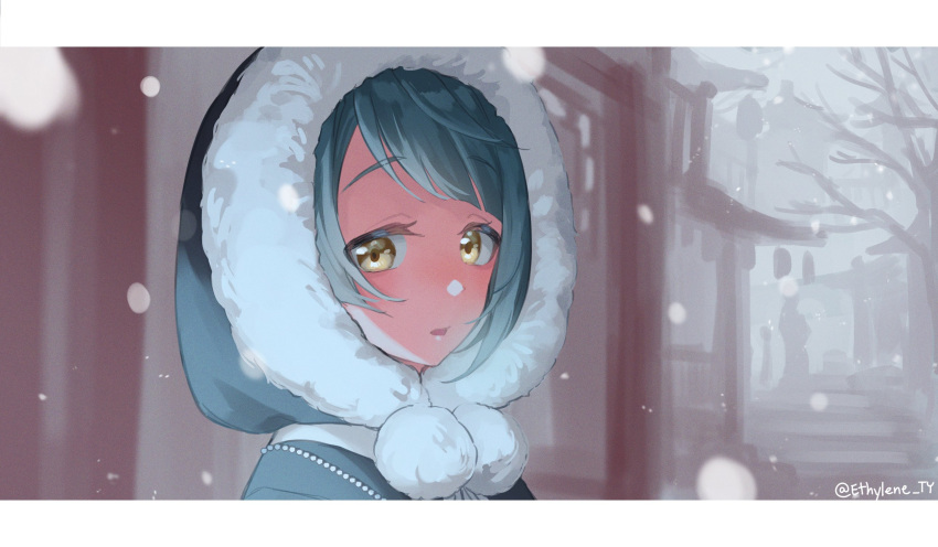 1boy blue_hair ethylene_ty fur-trimmed_jacket fur_trim genshin_impact highres hood hood_up jacket looking_at_viewer male_focus short_hair snowing xingqiu_(genshin_impact) yellow_eyes