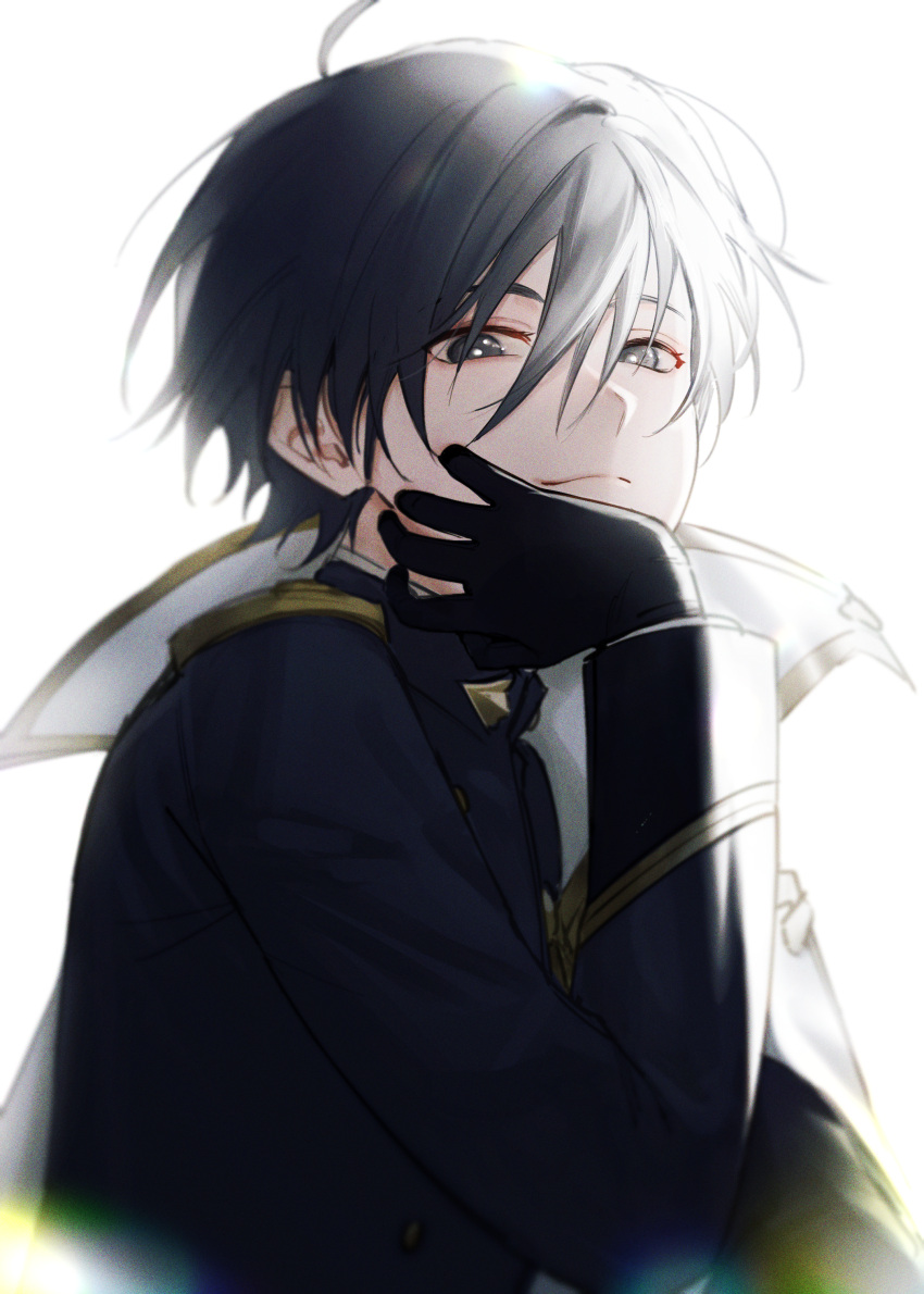 1boy absurdres black_hair gloves grey_eyes head_rest highres junning_1002 long_sleeves looking_at_viewer looking_down lord_(lord_of_heroes) lord_of_heroes pale_skin smile white_background