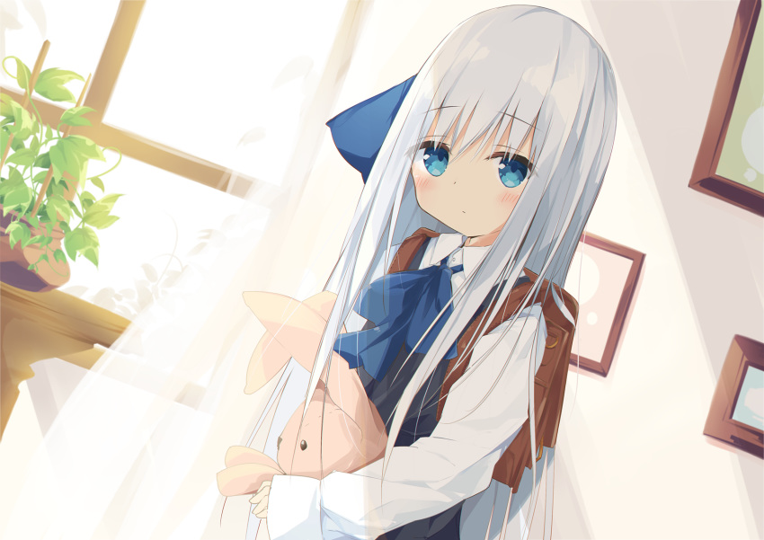 backpack bag black_dress blue_bow blue_eyes blue_ribbon blush bow closed_mouth collared_shirt commentary_request curtains dress dress_shirt female grey_hair hair_between_eyes hair_ribbon highres holding holding_stuffed_toy indoors kushida_you long_hair long_sleeves original ribbon shirt sleeveless sleeveless_dress sleeves_past_wrists solo stuffed_animal stuffed_rabbit stuffed_toy transparent upper_body very_long_hair white_shirt window