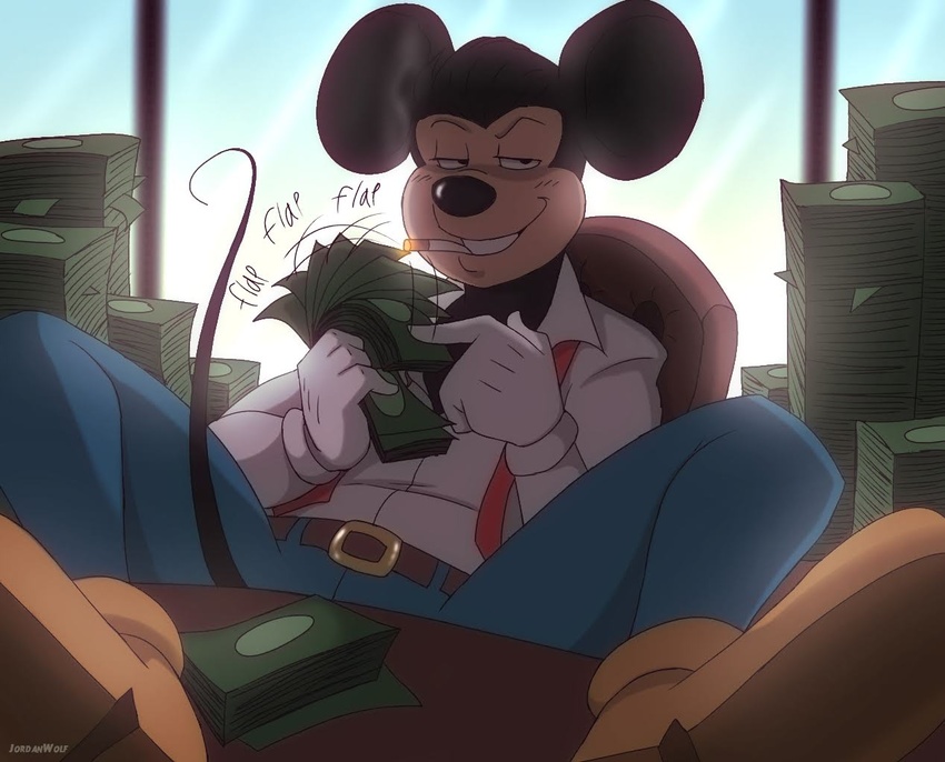 anthro banknote chair cigarette clothed clothing counting_money desk disney feet_on_desk furniture holding_money holding_object inside jordo_(artist) male mammal mickey_mouse money mouse murid murine office office_chair on_chair rodent sitting sitting_on_chair smoking solo table tail text window