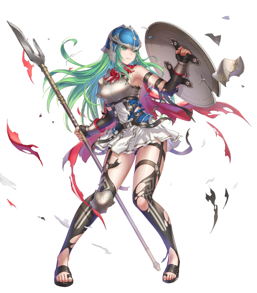 anbe_yoshirou armor armpits bare_shoulders breastplate breasts broken_armor broken_helmet broken_shield cape capelet closed_mouth elbow_gloves feet female fingerless_gloves fingernails fire_emblem fire_emblem:_path_of_radiance fire_emblem:_radiant_dawn fire_emblem_heroes full_body gloves green_eyes helmet highres holding holding_shield holding_weapon knee_pads long_hair medium_breasts nephenee_(fire_emblem) nephenee_(resplendent)_(fire_emblem) non-web_source official_art pelvic_curtain polearm sandals shield shoulder_armor skirt solo spear standing thigh_strap thighhighs toeless_footwear toenails toes torn_cape torn_clothes transparent_background weapon zettai_ryouiki