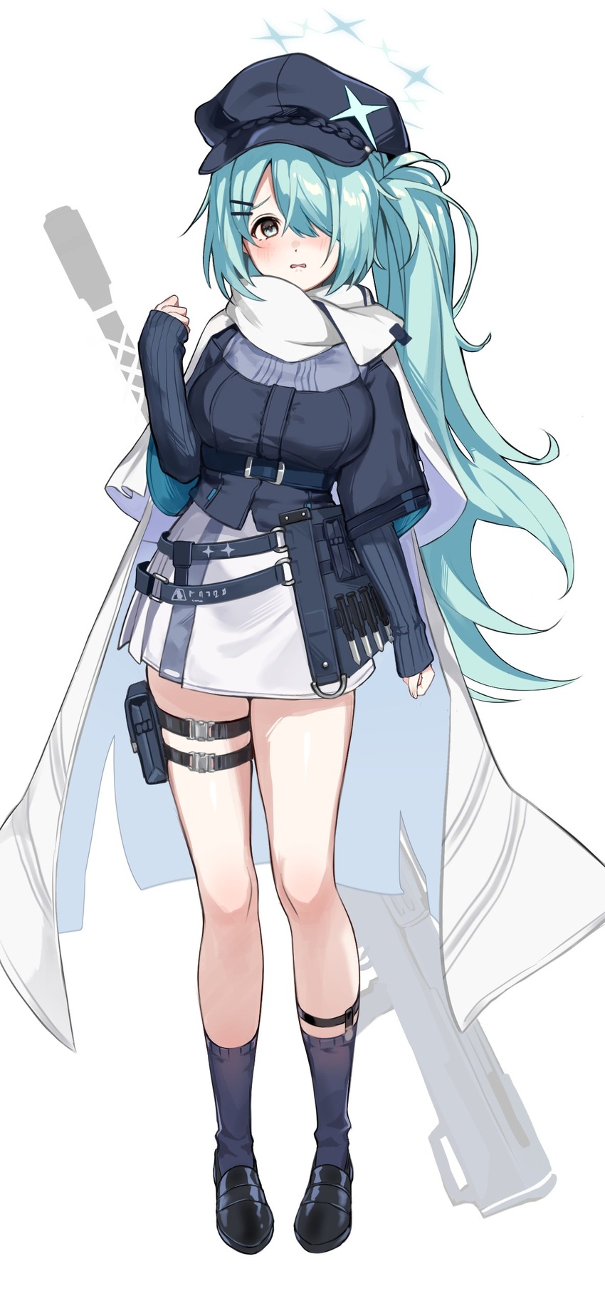 absurdres anti-materiel_rifle aqua_eyes aqua_hair black_footwear blue_archive blue_headwear blue_socks blush breasts cape commentary female full_body gun gun_on_back hair_ornament hair_over_one_eye hairclip halo highres hiyori_(blue_archive) large_breasts legwear_garter loafers long_hair long_sleeves looking_at_viewer ntw-20 open_mouth pouch rifle shiny_footwear shoes side_ponytail skirt sleeves_past_wrists sniper_rifle socks solo standing swept_bangs thigh_pouch thighs very_long_hair wavy_mouth weapon weapon_on_back white_cape white_skirt xos_shark_s2