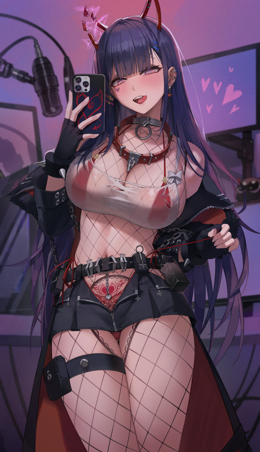 absurdres akuma_nihmune akuma_nihmune_(2nd_costume) ass_visible_through_thighs belt belt_pouch between_breasts bikini bikini_under_clothes black_belt black_coat black_gloves black_skirt blunt_bangs blush breasts broken_horn coat collar commentary crotchless crotchless_bodysuit ear_piercing earrings female fingerless_gloves fishnets gloves heart heart_earrings highleg highleg_bikini highres holding holding_phone horns indie_virtual_youtuber jewelry large_breasts licking_lips long_hair looking_at_viewer maenoo metal_collar microphone monitor navel official_alternate_costume open_clothes open_coat partially_unzipped phone piercing pouch pubic_tattoo purple_hair red_bikini red_collar see-through side-tie_bikini_bottom skirt smartphone_case solo straight_hair swimsuit tattoo teeth thigh_gap thigh_pouch thigh_strap tongue tongue_out tongue_piercing upper_teeth_only very_long_hair virtual_youtuber zipper zipper_pull_tab