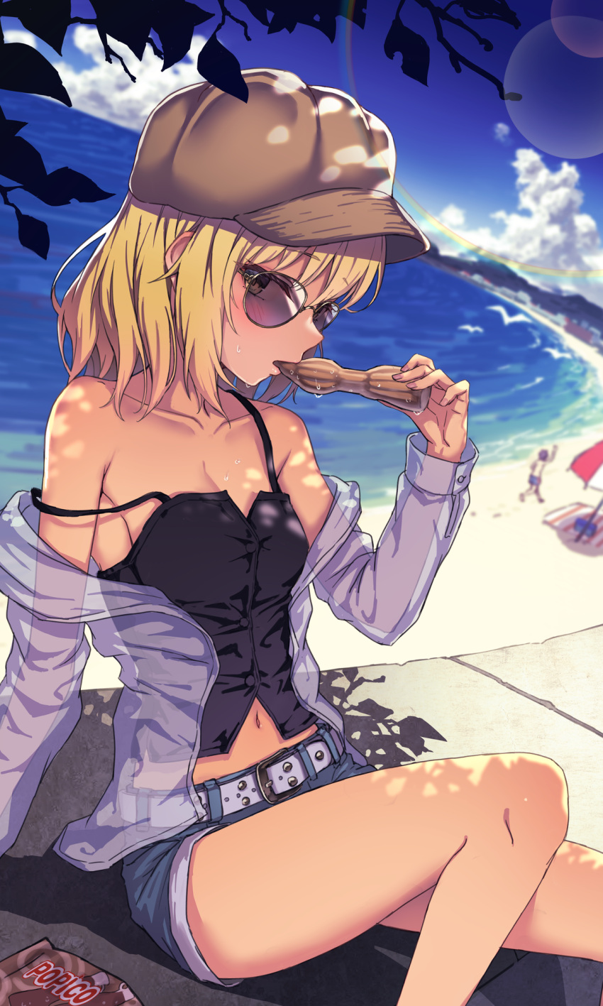 1boy bare_shoulders beach belt black_camisole blonde_hair blue_shorts blue_sky breasts brown_eyes brown_hair camisole check_copyright cleavage commentary_request commission copyright_request day denim denim_shorts eating feet_out_of_frame female food food_request highres holding holding_food long_sleeves looking_at_viewer medium_breasts medium_hair midriff navel off_shoulder open_clothes open_shirt original outdoors ryuinu sand see-through_clothes see-through_shirt shirt short_shorts shorts sitting skeb_commission sky solo_focus strap_slip sunglasses sweat water