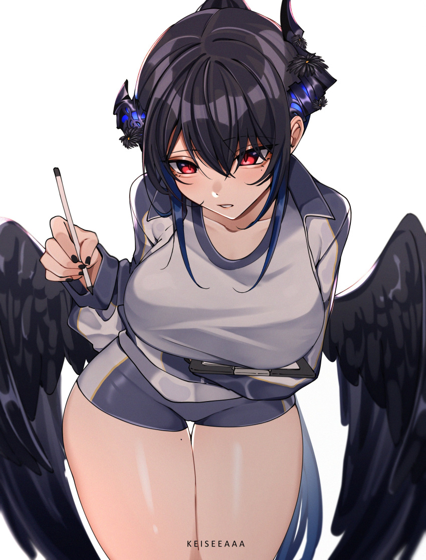 absurdres alternate_costume asymmetrical_horns black_hair black_wings blue_archive blue_hair breasts colored_inner_hair cosplay demon_horns female gym_uniform hasumi_(blue_archive) hasumi_(blue_archive)_(cosplay) hasumi_(track)_(blue_archive) highres hololive hololive_english horns keisea large_breasts long_hair mole mole_under_eye multicolored_hair nerissa_ravencroft pen red_eyes thick_thighs thighs two-tone_hair uneven_horns virtual_youtuber wings writing