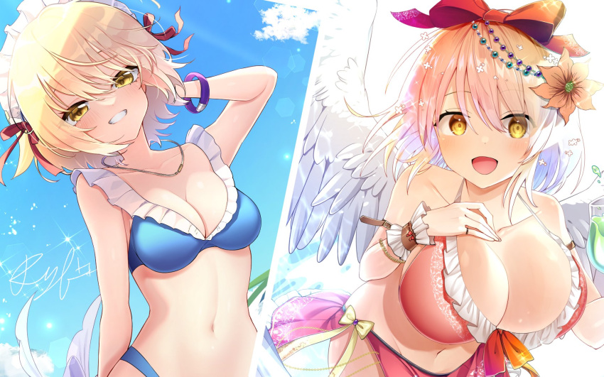 2girls :d angel_wings bikini blonde_hair blue_bikini blue_sky bow bracelet breasts cleavage clematis_(flower) cloud cloudy_sky collarbone commentary_request cowboy_shot cup day drinking_glass feathered_wings flower frilled_bikini frilled_bracelet frills gengetsu_(touhou) grin hair_flower hair_ornament hair_ribbon hairbow happy hibiscus highres holding holding_cup jewelry large_breasts leaning_forward looking_at_viewer maid_headdress mugetsu_(touhou) multiple_girls navel necklace ocean open_mouth orange_flower outdoors palm_tree red_bow red_flower red_ribbon red_sarong ribbon sarong sea_scorpion_(umisasori) short_hair sky small_breasts smile summer swimsuit touhou touhou_(pc-98) tree wading white_wings wings yellow_eyes