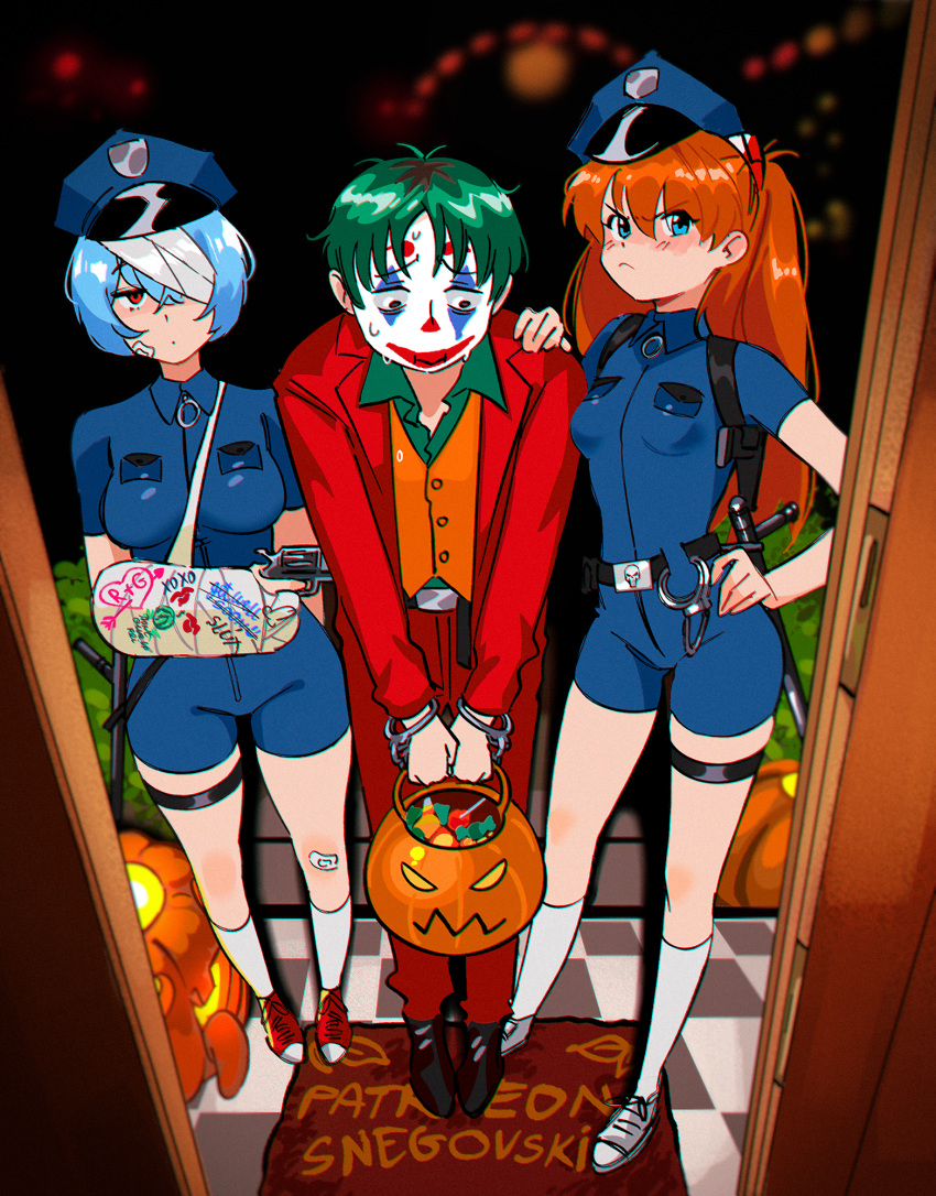 1boy 2girls arm_sling artist_name ayanami_rei batman_(series) baton_(weapon) blue_eyes blue_hair broken_arm candy cast cast_writing clown cosplay cuffs dc_comics facepaint food full_body green_hair green_shirt gun halloween_bucket handcuffs hat highres holding holding_gun holding_weapon ikari_shinji jack-o'-lantern jacket joker_(2019) joker_(dc) joker_(dc)_(cosplay) kneehighs long_hair multiple_girls neon_genesis_evangelion nervous_sweating one_eye_covered orange_hair orange_vest pants police police_hat police_uniform policewoman red_eyes red_jacket red_nose red_pants revolver shirt short_hair snegovski socks souryuu_asuka_langley standing suit_jacket sweat thigh_strap trick-or-treating vest weapon