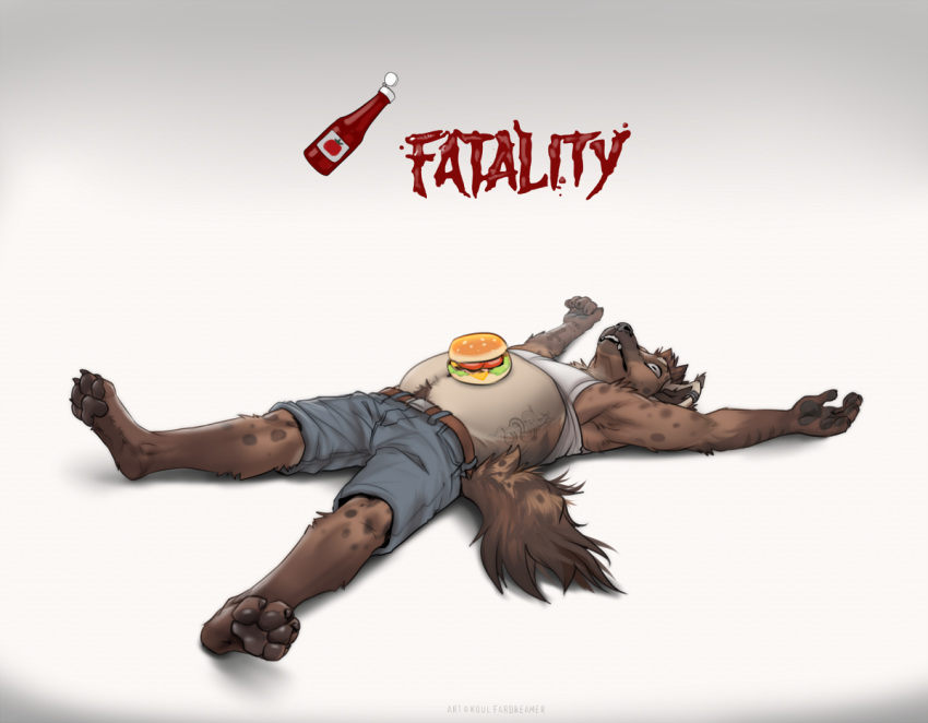 4_toes 5_fingers anthro armpit_tuft belly belly_tattoo belt belt_buckle black_nose blank_stare bottomwear brown_body brown_fur buckle burger claws clothed clothing denim_shorts digitigrade ear_piercing english_text fangs fatality feet fingers fluffy fluffy_tail food food_on_belly fur grey_body grey_fur head_tuft humor hyena inner_ear_fluff ketchup ketchup_bottle koul lying male mammal markings mortal_kombat multicolored_body navel on_back on_ground pawpads piercing playing_dead pubes raised_clothing raised_shirt raised_tank_top raised_topwear shirt shorts simple_background slightly_chubby solo spots spotted_body spread_eagle tail tail_aside tank_top tattoo teeth text toes topwear tuft two_tone_body wordplay