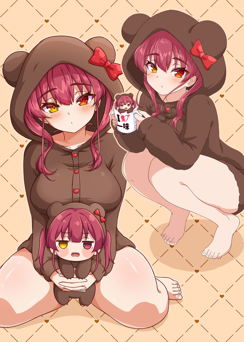 animal_hood barefoot bear_hood blush bow breasts cup female hachiman_tanuki head_tilt heterochromia highres holding holding_cup hololive hood hood_up houshou_marine large_breasts light_blush long_sleeves looking_at_viewer open_mouth red_bow red_eyes red_hair simple_background squatting stuffed_animal stuffed_toy teddy_bear thighs virtual_youtuber yellow_eyes