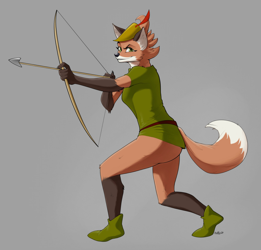 anthro archery badroy bow_(weapon) canid canine clothed clothing cosplay costume female fleet_(dungeons_of_aether) fox fox_tail hi_res mammal ranged_weapon smile smiling_at_viewer smirk smirking_at_viewer solo weapon