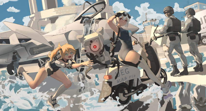 2boys 2girls absurdres alvin2017uk blonde_hair breasts green_eyes highres incredibly_absurdres leotard medium_hair military moped moss motor_vehicle multiple_boys multiple_girls original red_eyes small_breasts socks the_wandering_earth thighhighs white_hair white_socks white_thighhighs