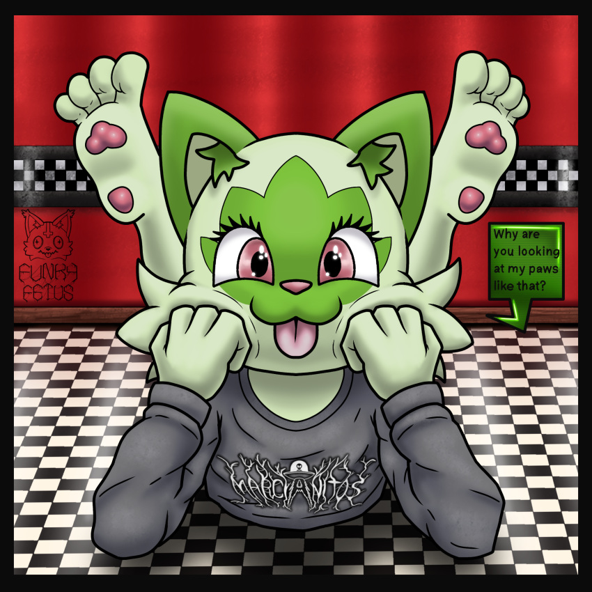 4_fingers 4_toes ambiguous_gender anthro anthrofied checkered checkered_floor cheek_tuft clothing eyelashes face_squish facial_markings facial_tuft feet felid feline fingers fist floor foot_fetish funkyfetus generation_9_pokemon green_body head_markings hi_res hindpaw inner_ear_fluff logo_on_shirt looking_at_viewer lying mammal markings nintendo on_front pawpads paws pink_eyes pink_pawpads pink_tongue pokemon pokemon_(species) pokemorph red_wall shirt signature solo speech_bubble sprigatito squish talking_to_viewer tile tile_floor toes tongue tongue_out topwear tuft