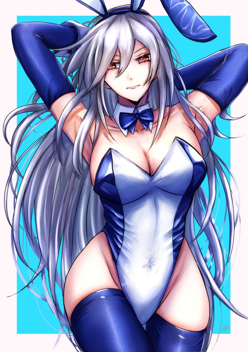 absurdres animal_ears arms_behind_back bare_shoulders blue_background blue_leotard blue_thighhighs border breasts cleavage collarbone cowboy_shot duel_monster fake_animal_ears female grey_hair highleg highleg_leotard highres large_breasts leotard long_hair playboy_bunny rabbit_ears shiina_aono silent_magician simple_background solo strapless strapless_leotard thighhighs two-tone_leotard very_long_hair white_border white_leotard yu-gi-oh!