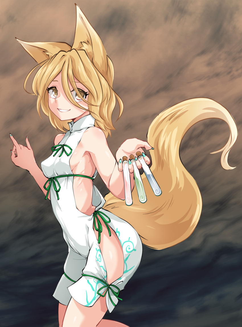 :d animal_ear_fluff animal_ears black_background breasts brown_background brown_eyes brown_hair commentary female fox_ears fox_girl fox_shadow_puppet fox_tail from_side gradient_background green_nails green_ribbons hair_between_eyes highres holding holding_test_tube huyusilver jumpsuit kudamaki_tsukasa medium_hair parted_lips ribbon sideboob small_breasts smile solo symbol-only_commentary tail test_tube touhou white_jumpsuit yellow_fur