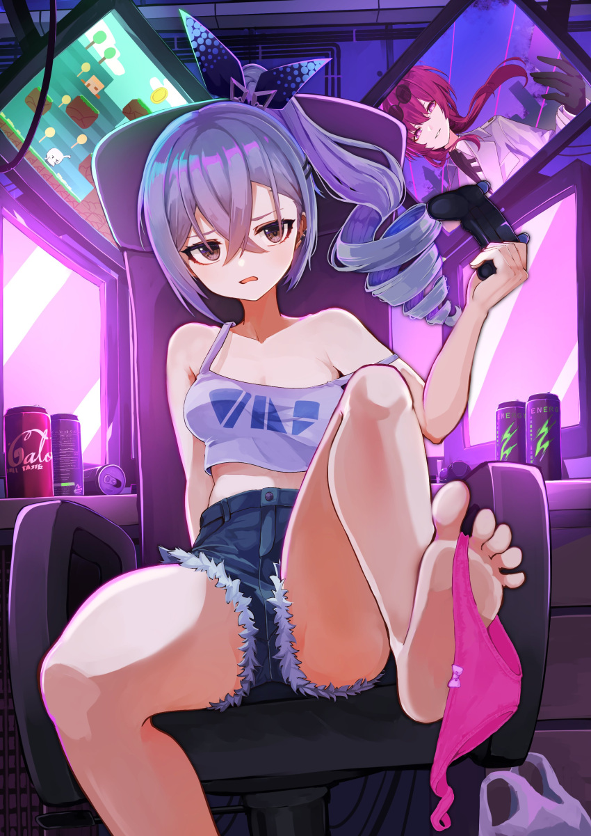 2girls absurdres alternate_costume bag bare_legs bare_shoulders barefoot black_gloves blue_shorts bow breasts brown_eyes cleavage controller denim denim_shorts drill_hair energy_drink excella_(delltothu) feet game_controller gamepad gloves grey_hair highres holding honkai:_star_rail honkai_(series) indoors kafka_(honkai:_star_rail) looking_at_viewer medium_hair monitor multiple_girls panties panties_around_one_ankle panties_around_toe pink_panties red_eyes red_hair shopping_bag shorts silver_wolf_(honkai:_star_rail) solo_focus thighs toes underwear