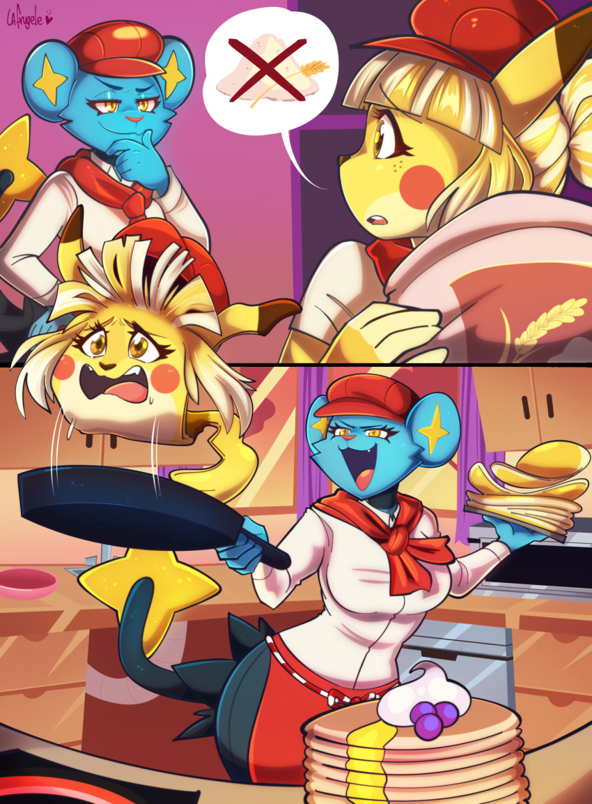 anthro appliance breasts chef cooking cooking_with_furs cookware duo fangs felid feline female food food_creature food_transformation freckles frying_pan fur furgonomics generation_1_pokemon generation_4_pokemon hi_res kitchen_appliance kitchen_utensils la-frugele mammal nintendo open_mouth oven pancake pikachu plate pokemon pokemon_(species) pokemon_cafe_remix red_cheeks rodent scared shinx smile smirk stove tail_star teeth tools transformation window