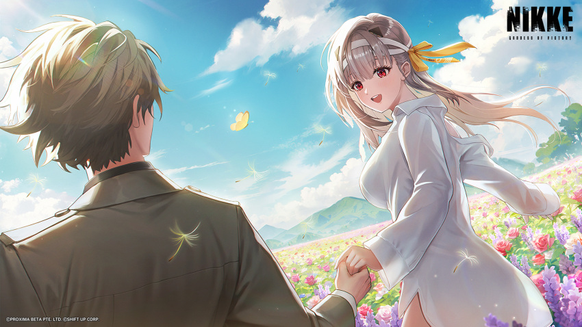 1boy artist_request blue_sky brown_hair bug butterfly cloud cloudy_sky commander_(nikke) commentary_request dandelion day female field flower flower_field goddess_of_victory:_nikke grey_hair hair_ribbon highres holding_hands lavender_(flower) long_hair long_sleeves looking_at_another military_uniform modernia_(first_affection)_(nikke) modernia_(nikke) mountainous_horizon open_mouth outdoors red_eyes ribbon rose second-party_source shirt short_hair sky smile tee teeth tongue upper_teeth_only white_shirt yellow_ribbon