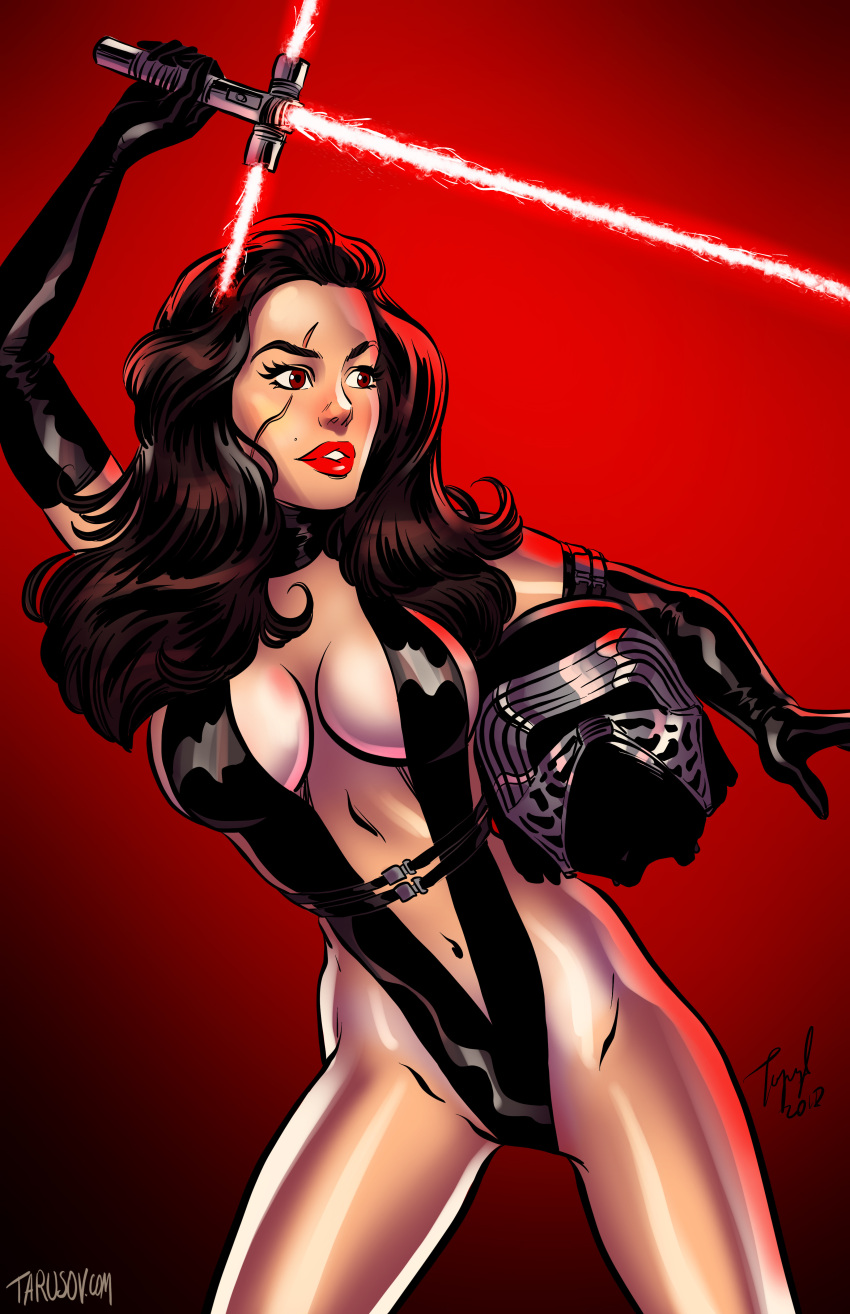 absurdres artist_name black_eyes black_gloves black_hair black_slingshot_swimsuit breasts brown_eyes cleavage crossguard_lightsaber elbow_gloves energy_sword female genderswap_(mtf) gloves gradient_background helmet highres holding_lightsaber kylo_ren large_breasts lightsaber long_hair looking_to_the_side navel red_background red_lightsaber red_lips rule_63 scar scar_across_eye signature slingshot_swimsuit solo star_wars swimsuit sword tarusov unworn_headwear unworn_helmet weapon web_address