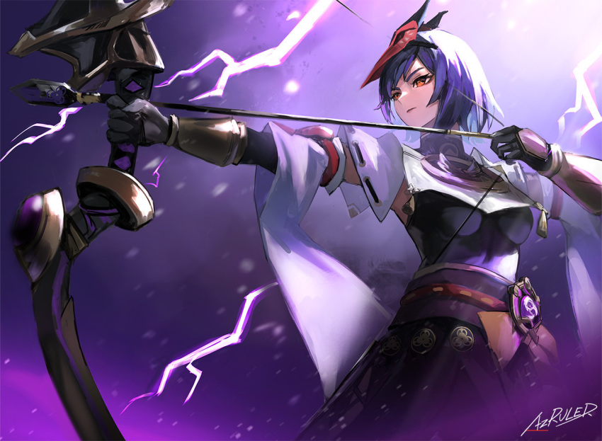 aiming arrow_(projectile) artist_name az'ruler bird_mask black_bodysuit black_gloves black_skirt bodysuit bow_(weapon) bracer breast_curtain breasts closed_mouth drawing_bow english_commentary female from_below genshin_impact gloves holding holding_bow_(weapon) holding_weapon japanese_clothes kujou_sara large_breasts lightning mask mask_on_head medallion obi obiage obijime purple_background purple_hair red_mask sash short_hair skirt solo tengu vision_(genshin_impact) weapon yellow_eyes