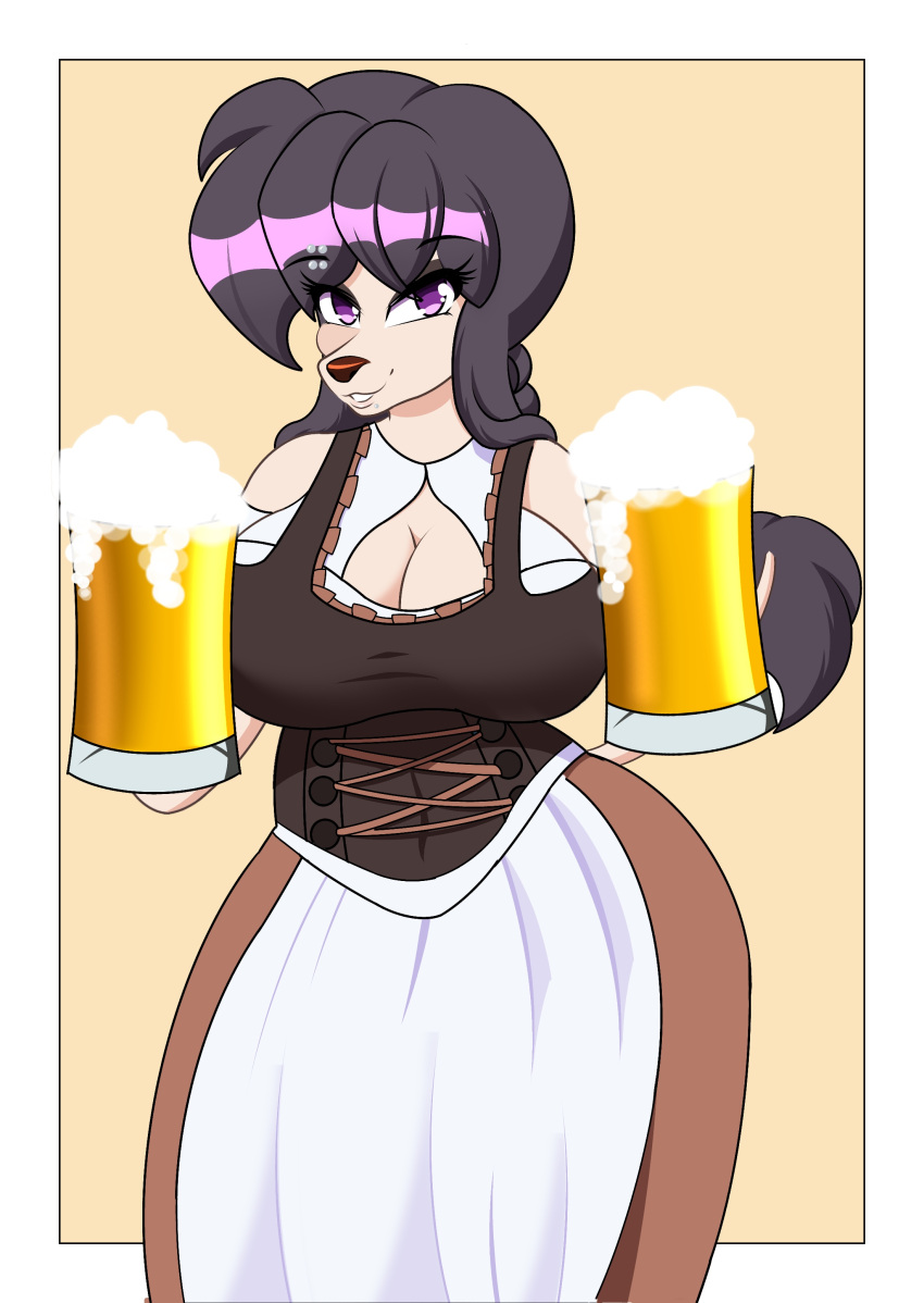 absurd_res alcohol alys_faiblesse_(zelripheth) anthro arm_tuft ass beer beverage big_breasts big_butt black_eyeshadow black_hair braided_hair braided_ponytail breasts canid canine canis dirndl domestic_dog eyebrow_piercing eyeshadow facial_piercing female floppy_ears hair hi_res holidays looking_at_viewer makeup mammal oktoberfest piercing ponytail poodle purple_eyes simple_background smile smiling_at_viewer solo standard_poodle tail tail_tuft tuft wide_hips wrist_tuft zelripheth