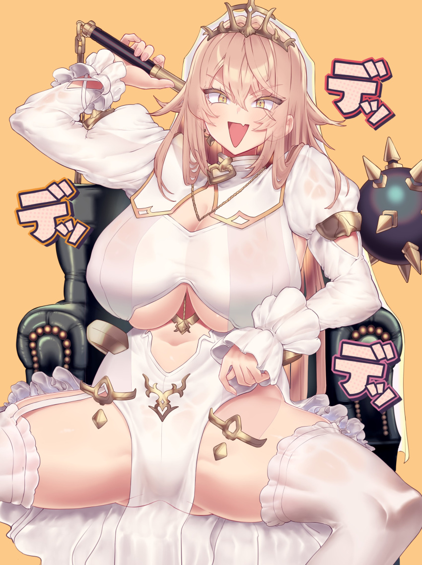 absurdres ass breasts cleavage_cutout clothing_cutout dress female highres holding holding_mace holding_weapon large_breasts light_brown_hair long_hair long_sleeves mace nijisanji nui_sociere nui_sociere_(6th_costume) oerba_yun_fang shirogami_seisho sitting skin_fang solo spiked_mace spikes spread_legs thighhighs tiara underboob underboob_cutout virtual_youtuber weapon yellow_eyes