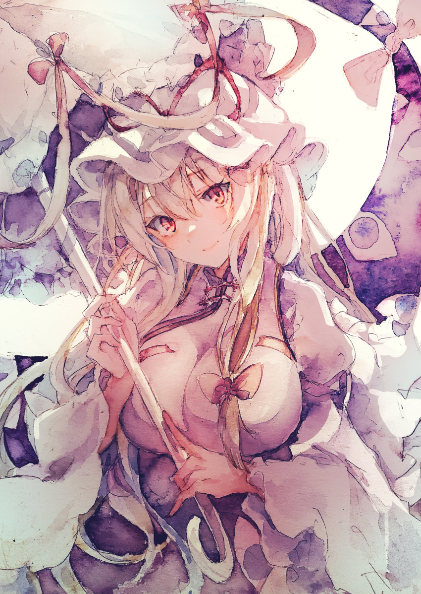 absurdres blonde_hair bow breasts closed_mouth commentary dress female gap_(touhou) hairbow hat hat_ribbon highres holding holding_umbrella kamu_kotan large_breasts long_hair long_sleeves looking_at_viewer mob_cap parasol purple_tabard red_bow ribbon smile solo tabard touhou traditional_media umbrella white_dress yakumo_yukari yellow_eyes